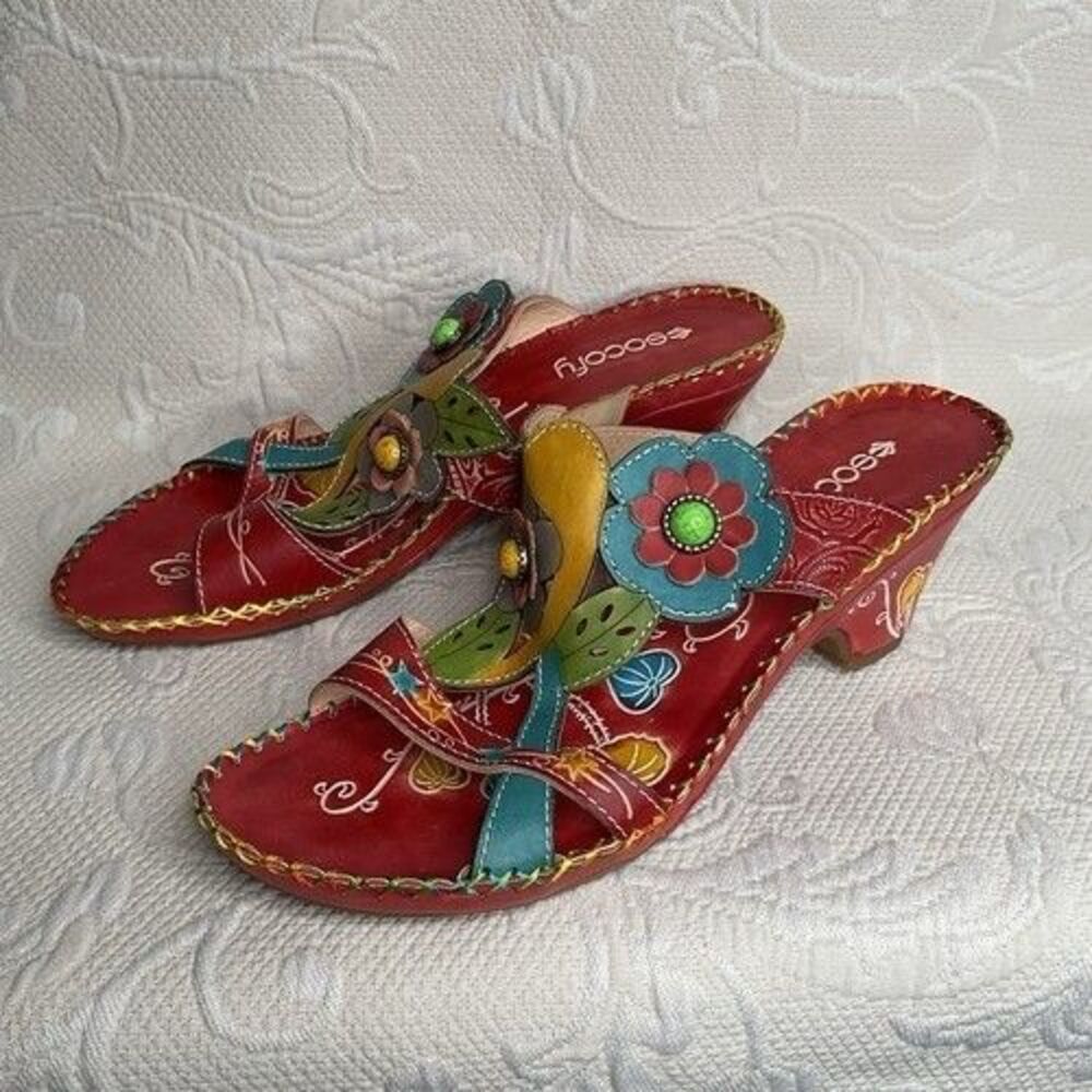 Socofy Red Floral‎ Colorful Diecut Leather Heel Sandals Women Size 10